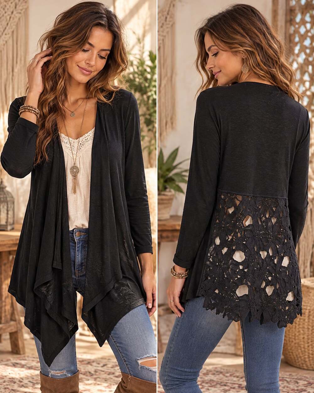 Neiman Marcus Open Front Cardigan Size L Black Lace Back